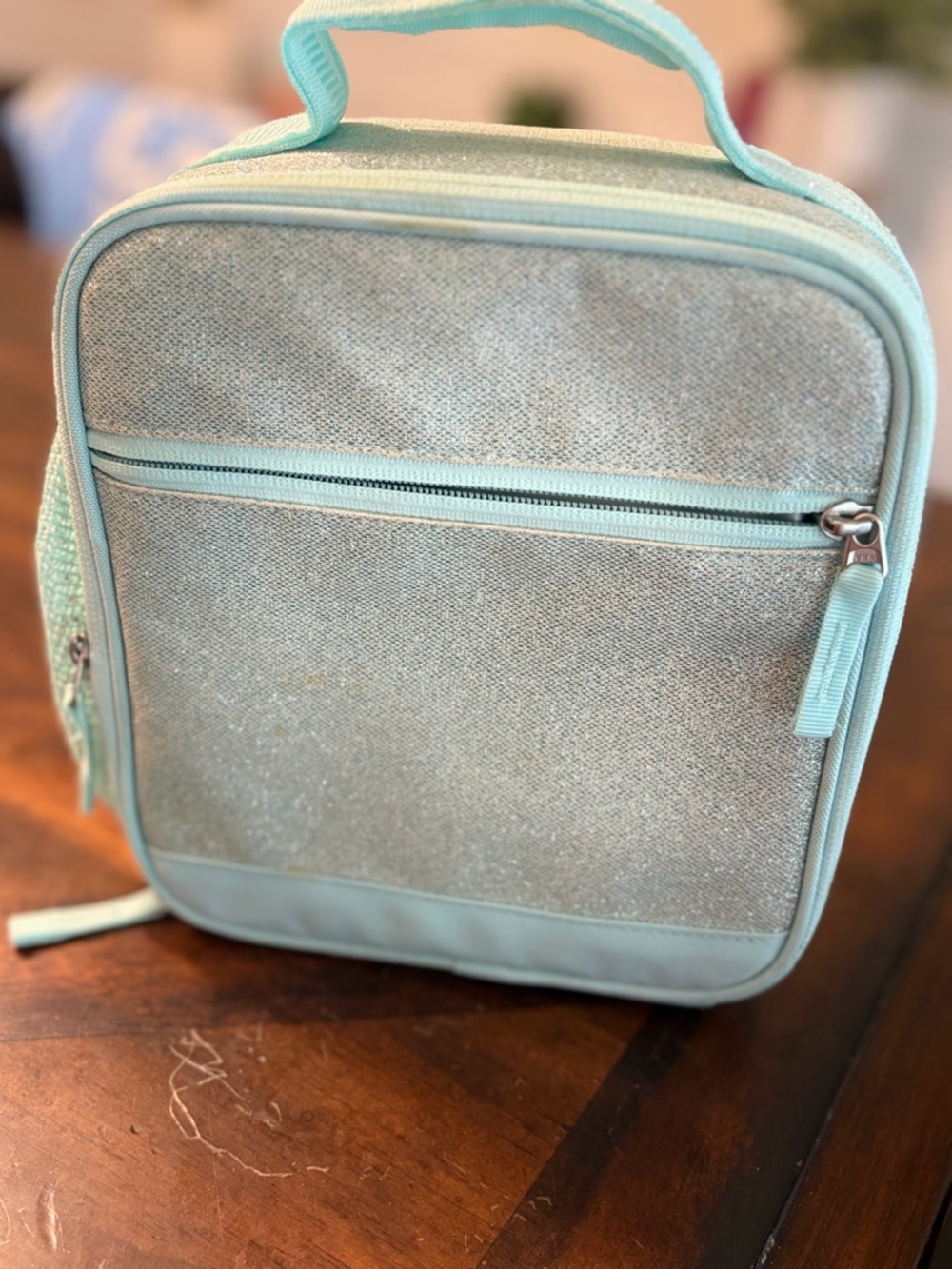 Pottery Barn Kids Glitter Mackenzie Aqua and Light Gray Insulated Lunch Bag
